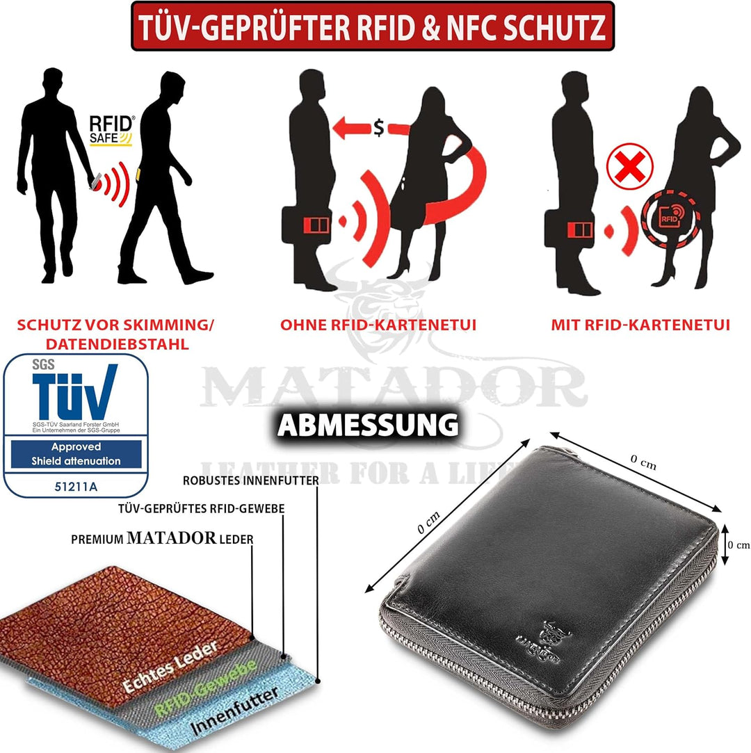MATADOR® Granada Leder Geldbörse Herren mit Reissverschluss Schwarz TüV geprüfter RFID & NFC Schutz