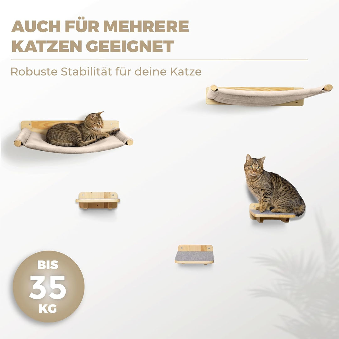 WOOWOOD® Kletterwand Katzen inkl. 2X Katzentreppe Wand [Massivholz] I Kratzbaum Wand I Hängematte Ka