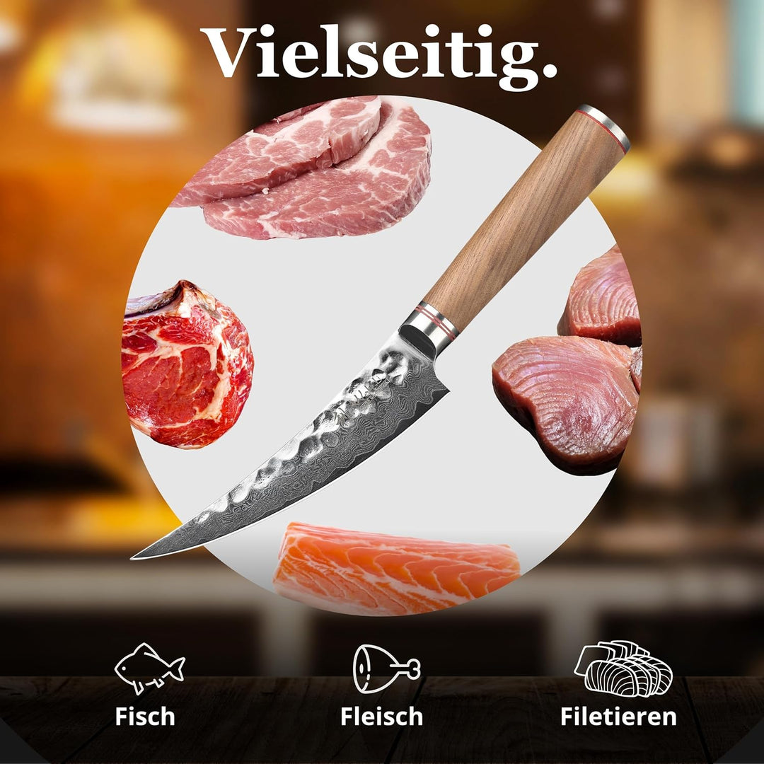 Wakoli Nussbaum Damast Ausbeinmesser Scimitar I Damast Küchemesser mit 16 cm Klinge gefertigt aus Da