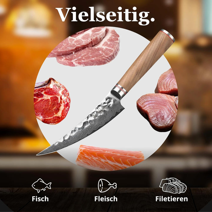 Wakoli Nussbaum Damast Ausbeinmesser Scimitar I Damast Küchemesser mit 16 cm Klinge gefertigt aus Da