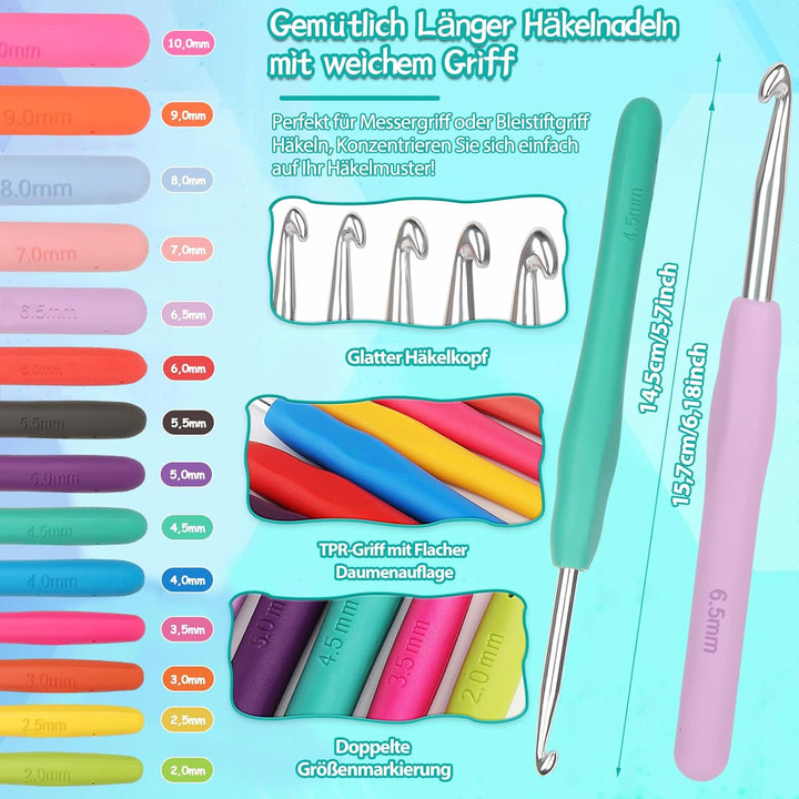 Coopay Tragbar Häkelset für Anfänger, Häkelnadel Set mit 15 Wolle, Tasche, Häkelzubehör, Ergonomisch