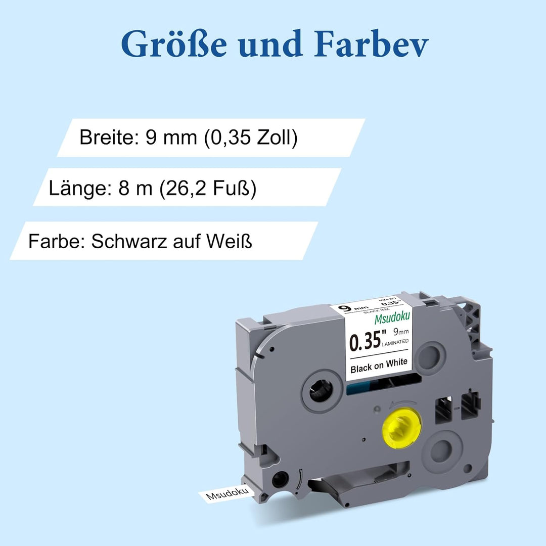 10x Msudoku Kompatibel TZe-221 für Brother P Touch Bänder 9mm Schwarz auf Weiss Ersatz für Brother T