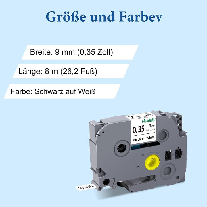 6x Msudoku TZe-221 Kompatibel für Brother P Touch Bänder 9mm 0.35" Weiss, 6