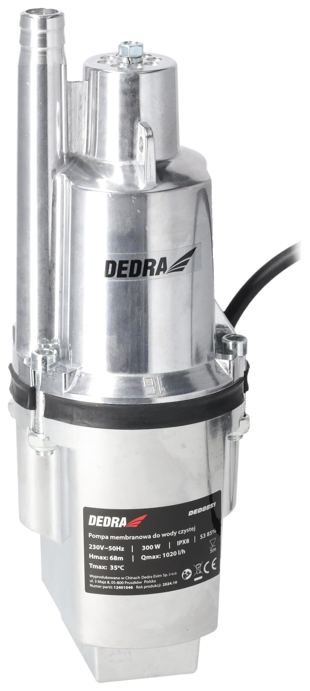 DEDRA Membranpumpe für sauberes Wasser, Tauchmembranpumpe Garden 300W, Förderhöhe 68 m, Netzkabel 10