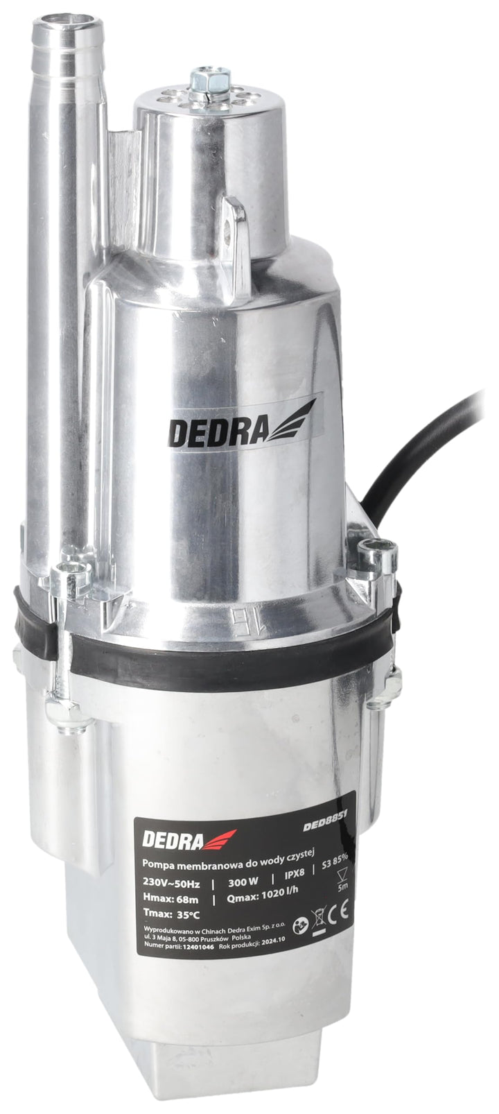 DEDRA Membranpumpe für sauberes Wasser, Tauchmembranpumpe Garden 300W, Förderhöhe 68 m, Netzkabel 10