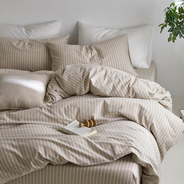 Sedefen Bettwäsche 220x240 cm Baumwolle Khaki Taupe Gestreift Baumwollbettwäsche Set,Renforce Bettbe