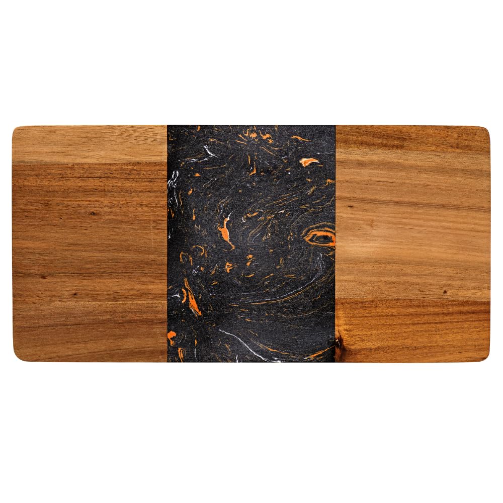 Kadum Servierplatte 40cm x 20cm x 1,4cm | Beidseitig nutzbares Servierbrett aus Marmor und Akazienho