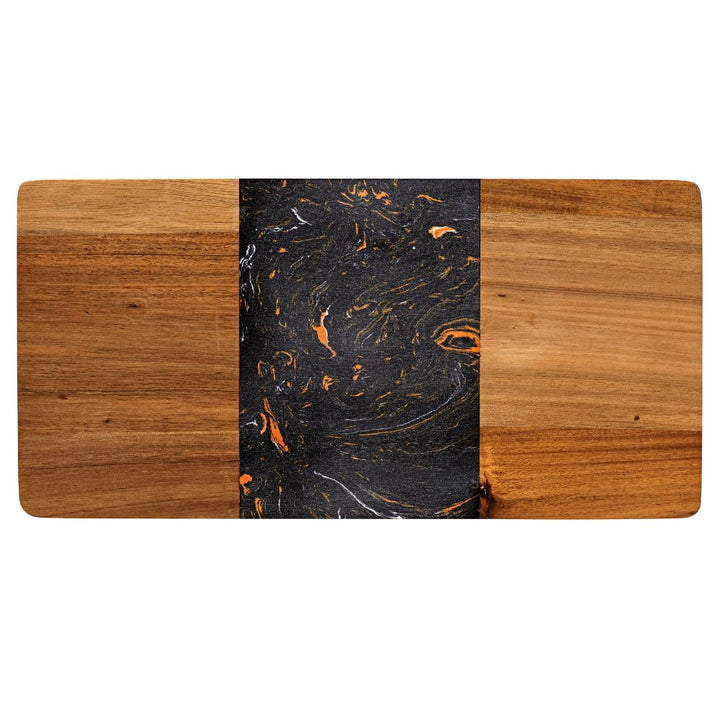 Kadum Servierplatte 40cm x 20cm x 1,4cm | Beidseitig nutzbares Servierbrett aus Marmor und Akazienho