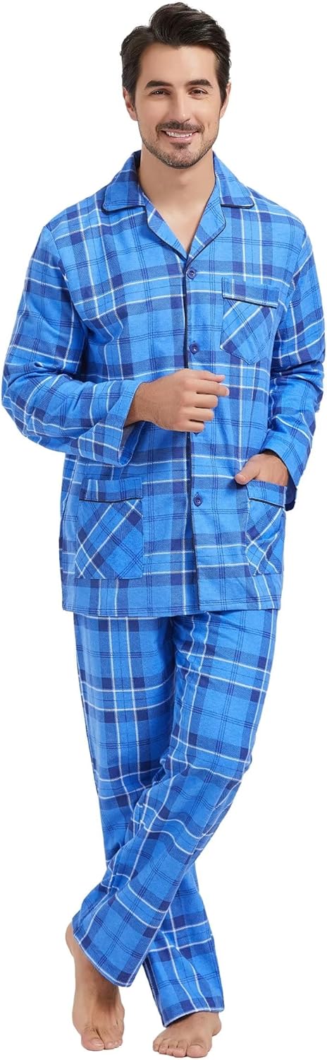 Amaxer Flanell Schlafanzug Herren 100% Baumwolle Pyjama mit Knopfleiste Set Lang Warmer Winter Schla