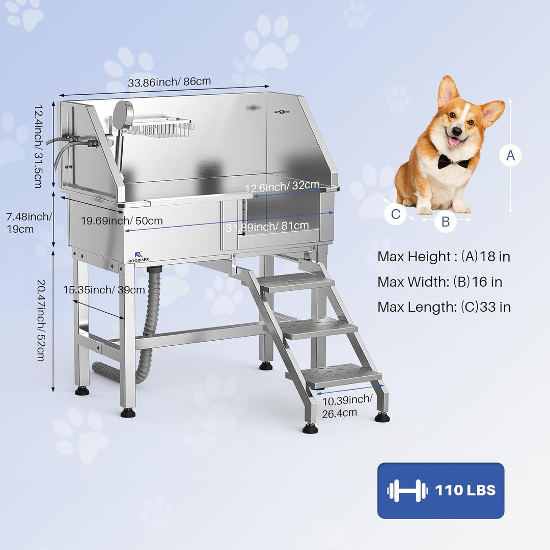Roomark 86 cm Professionelle Hundebadewanne mit Treppe, Edelstahl Hundepool mit Duschkopf & Schiebet