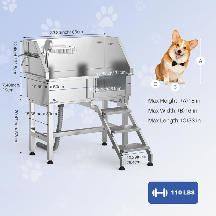 Roomark 86 cm Professionelle Hundebadewanne mit Treppe, Edelstahl Hundepool mit Duschkopf & Schiebet