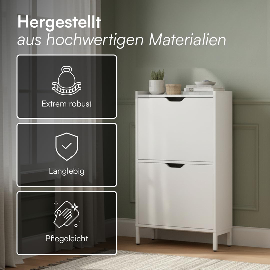 Bellamio Ceyhan Schuhschrank mit 2 Klappen – Schuhkipper weiss aus Holz – Schuhregal schmal 50x19x90