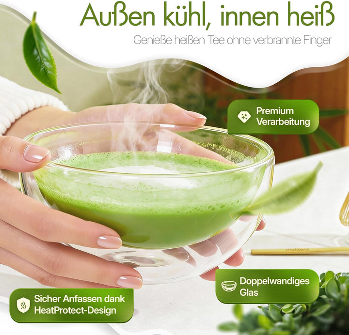 Premium Matcha Set 4-teilig Doppelwandige Glasschale [500ml] Matcha Zubereitung Traditionelles Zubeh
