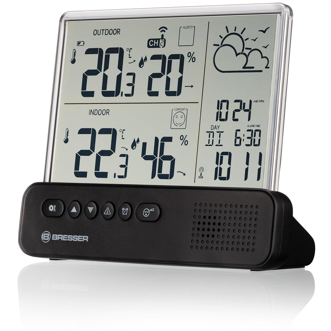 Bresser Funkwetterstation mit Aussensensor transparentem Display Temperatur Luftfeuchtigkeit Wecker