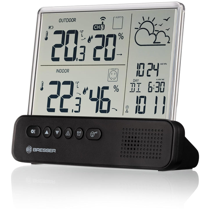 Bresser Funkwetterstation mit Aussensensor transparentem Display Temperatur Luftfeuchtigkeit Wecker