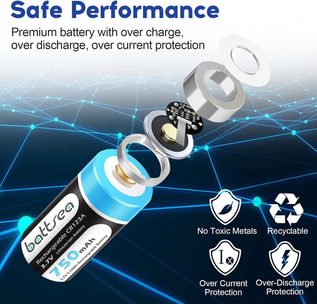 Battsea 123A Rechargeable Lithium Battery 8 Pack 750mAh with Fast Charger for Arlo Camera VMC3030 VM