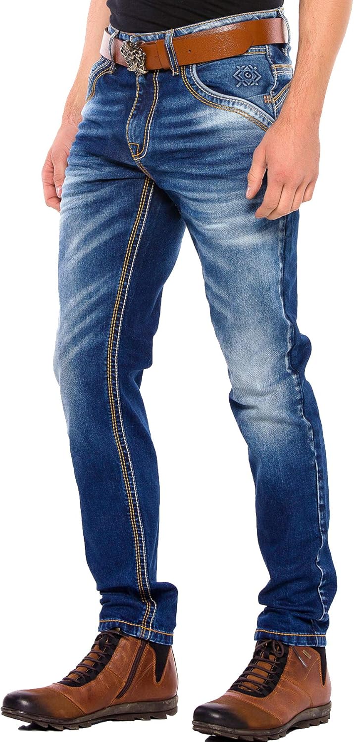 Cipo & Baxx Herren Jeans Hose Regular Slim Fit Denim Jeanshose Dicke Naht 29 Blau, 29 Blau