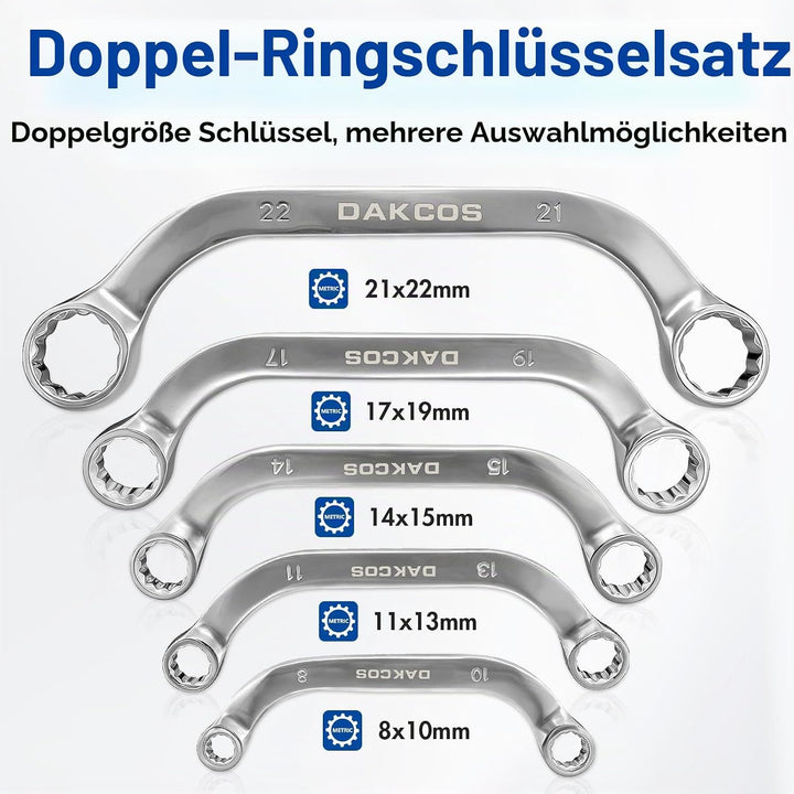 DAKCOS Starter- und Blockschlüssel-Satz, Doppelringschlüssel-Satz, C-Form Ringschlüssel Set | 5-tlg.