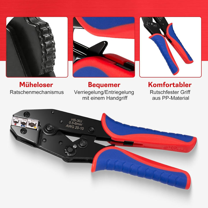 Crimpzange für Isolierte Kabelschuhe –Presszange Crimping Tool geeignet für 0,5-6mm² (AWG 10-20), Pr