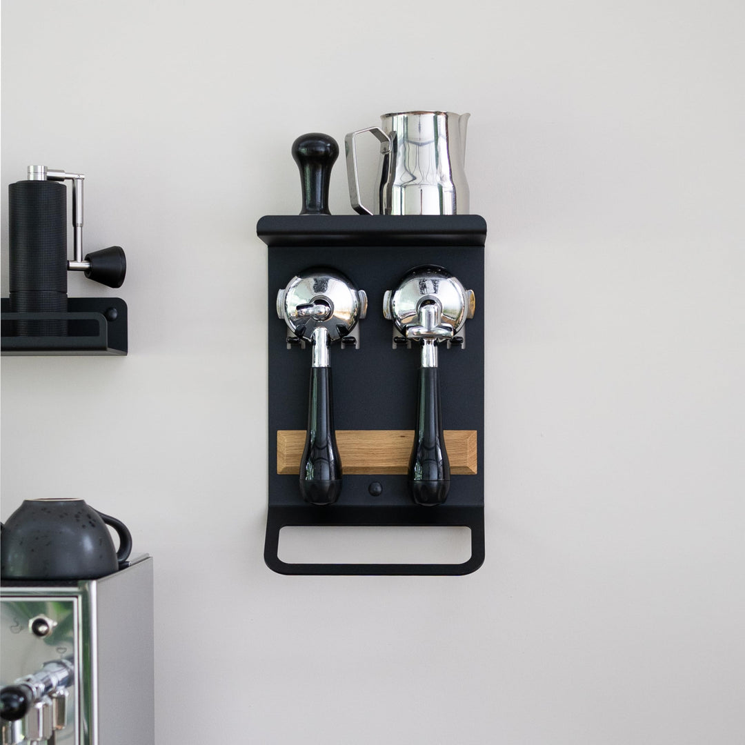 FLATE® Barista Rack Mini: Kompaktes Wandregal für Barista Zubehör mit Siebträgerhalter (Schwarz), Sc