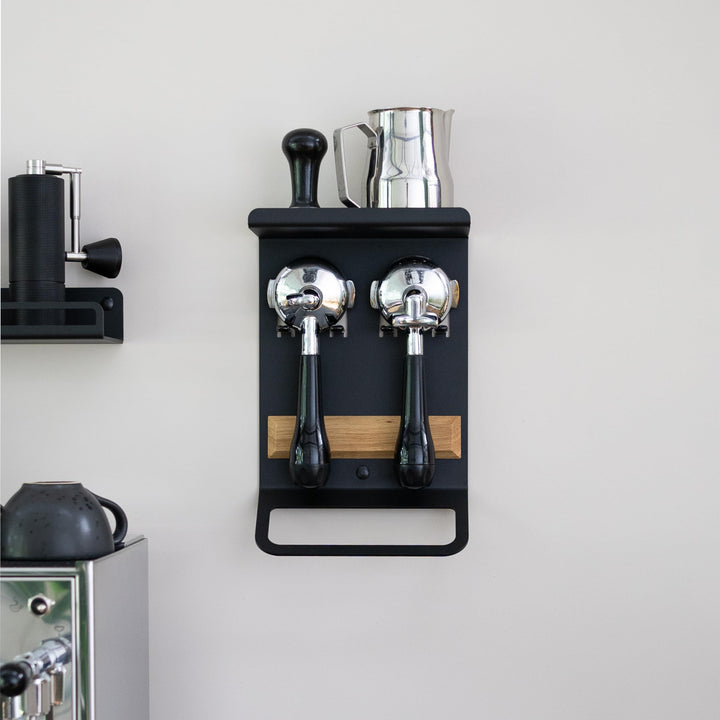 FLATE® Barista Rack Mini: Kompaktes Wandregal für Barista Zubehör mit Siebträgerhalter (Schwarz), Sc