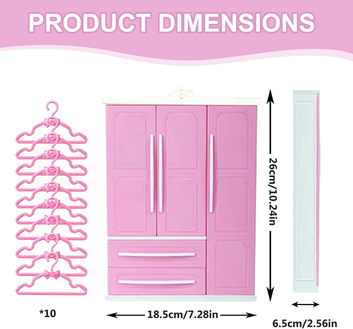 Puppenschrank, 3 Türen, 2 Schubladen, Puppenhaus-Kleiderschrank, 7 x 10 x 3 Miniaturmöbel mit 10 Kle