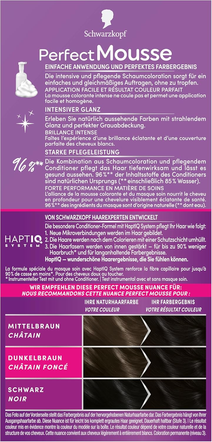 Schwarzkopf Perfect Mousse Permanente Schaumcoloration 200/1-0 Schwarz (3 x 92.5 ml), Haarfarbe mit