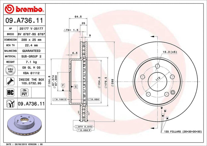 Brembo 09.A736.11 Vordere Bremsscheibe, Anzahl 2