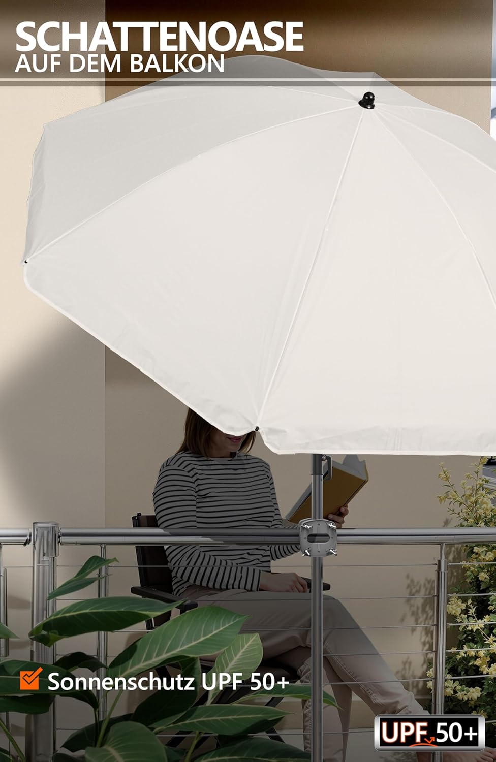 4smile Sonnenschirm Balkon SunnyJoy Ø 180 cm, 3-IN-1 Set - UPF 50+ Balkon Schirm + Sonnenschirmhalte