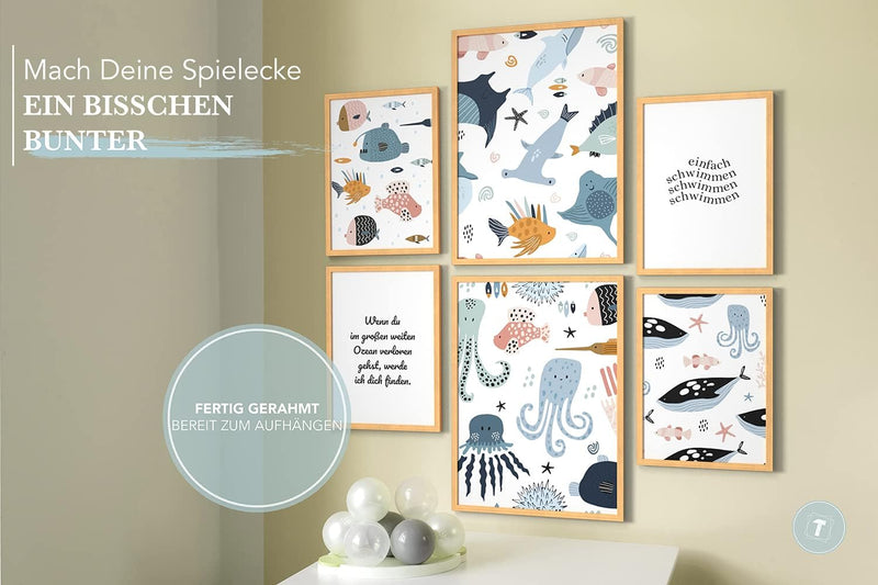 Papierschmiede® Bilder Kinderzimmer Kids Mood Poster Set Einfach Schwimmen, Gerahmte Bilder fürs Kin