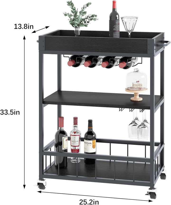 Huhote Servierwagen, Küchenwagen, Barwagen mit Rollen, Weinwagen mit Flaschenhalter, 3 Etagen, Geträ