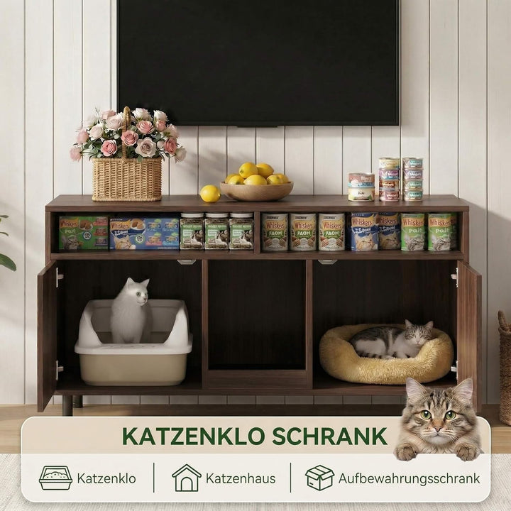 Katzenklo Schrank für 2 Katzen mit Sandauffangmatte, XXL Sideboard für Katzentoilette Versteckt, Mul