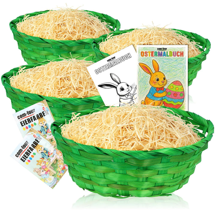 com-four® Oster Deko- & Geschenk-Set - grüne Bastkörbe, helles Ostergras, Eierfarben und Malbuch - D