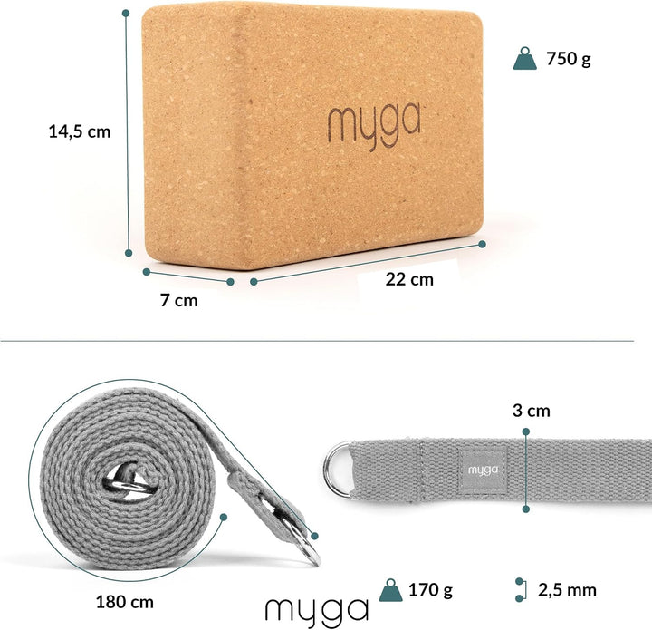 Myga Kork Yoga Zubehör Set | 2 Rutschfeste Kork Yoga Blöcke &amp; Verstellbarer Yoga Gurt | Perfekt für