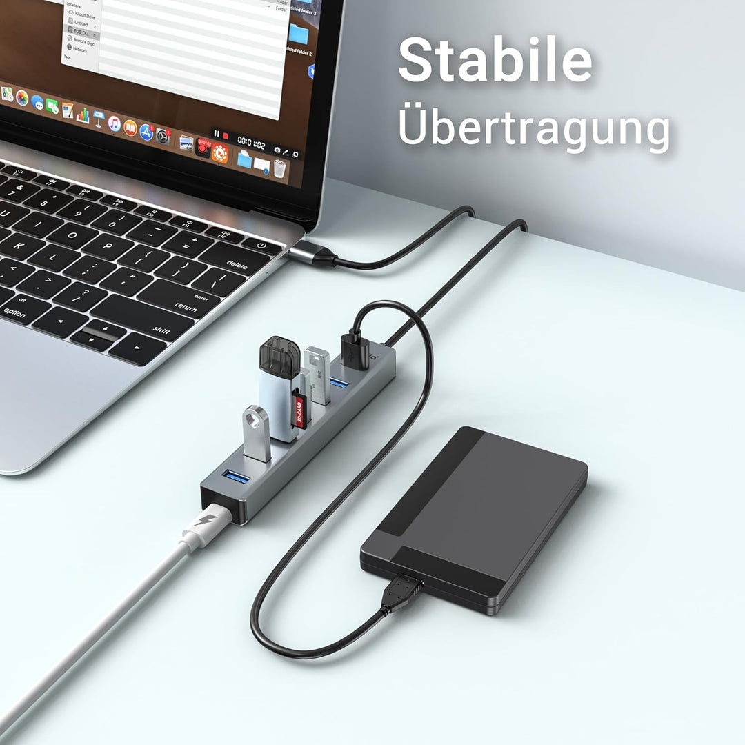 USB Hub 3.0 7-Port mit 100cm Kabel, USB Verteiler Aluminium Hub mit Mehrfach USB3.0 5Gbps Data und 5