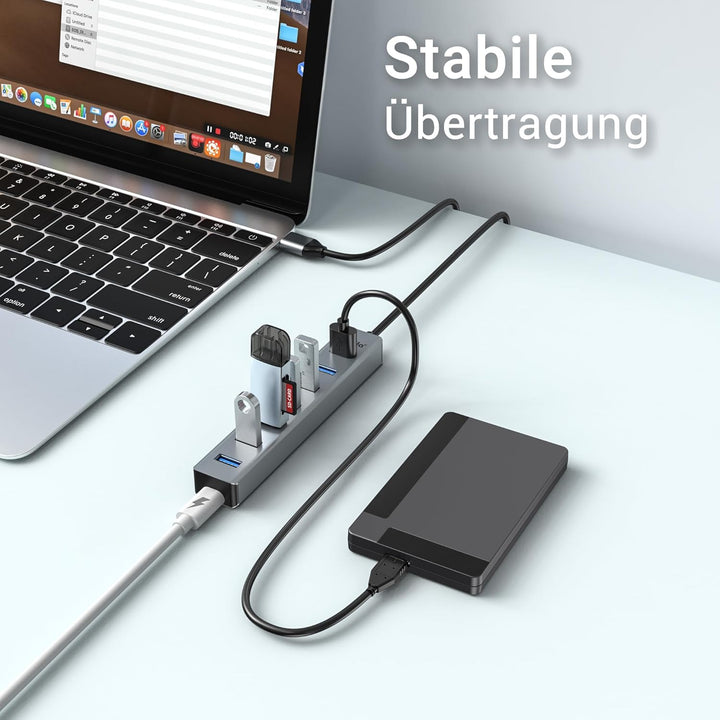 USB Hub 3.0 7-Port mit 100cm Kabel, USB Verteiler Aluminium Hub mit Mehrfach USB3.0 5Gbps Data und 5
