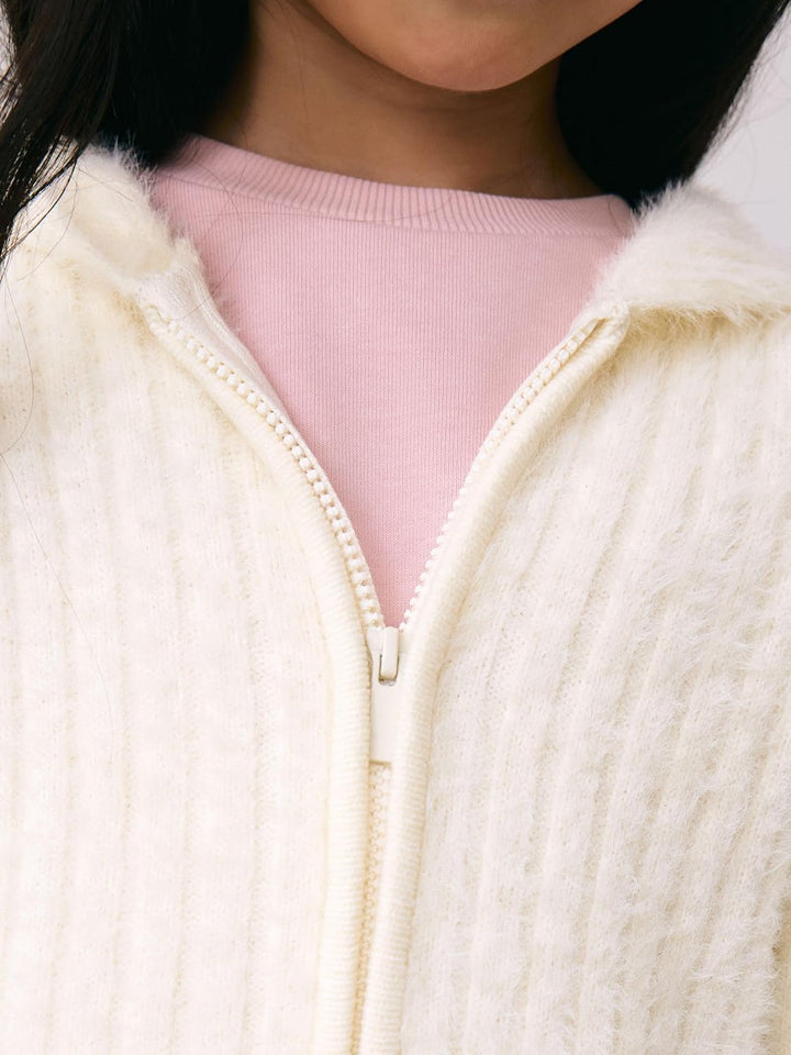 NEXT Mädchen Flauschige Kapuzenjacke mit durchgehendem Reissverschluss 98 Ecru, 98 Ecru