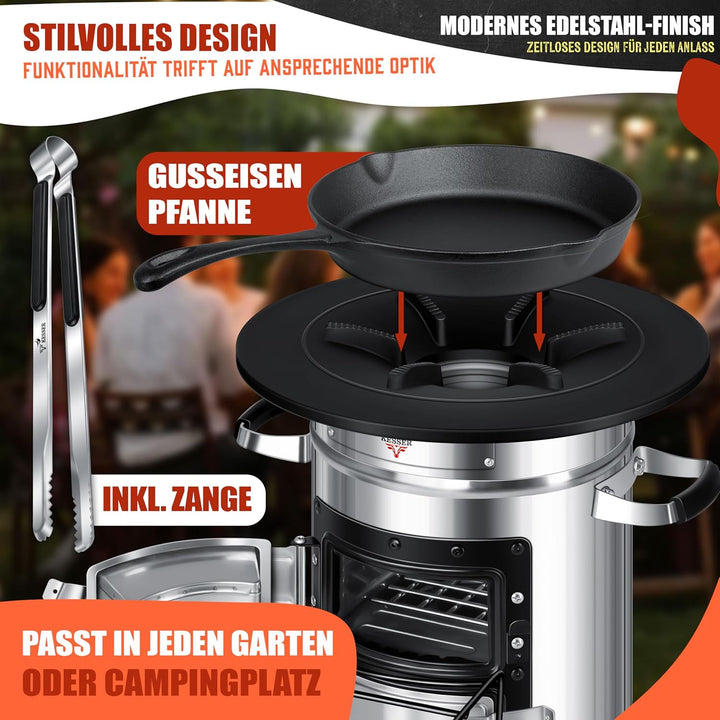 KESSER® Raketenofen mit Grillpfanne aus Gusseisen | inkl. Grillzange & Tragetasche | Dutch Oven 6 in
