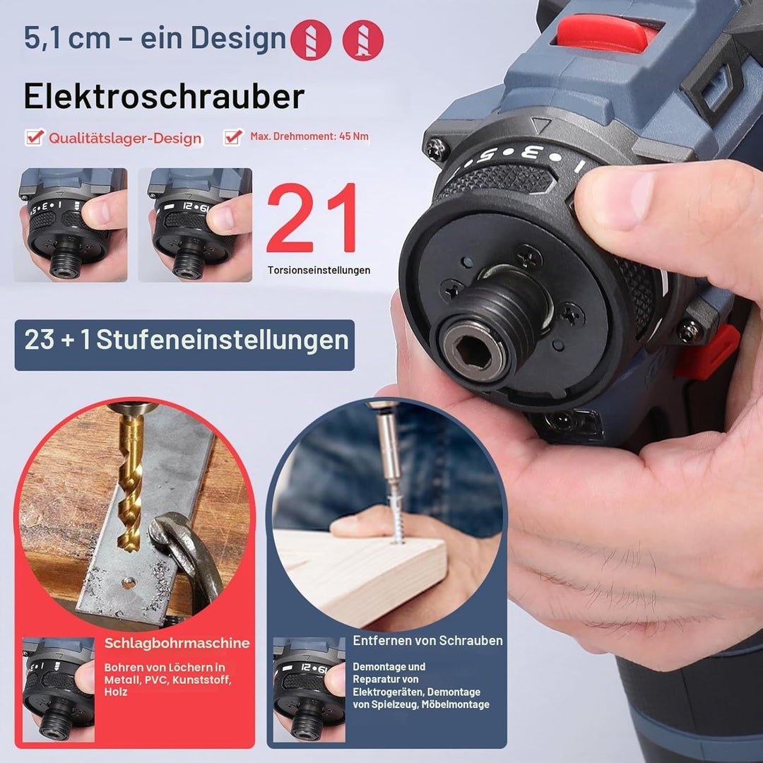 Weytoll Akku Bohrschrauber, 16.8V Akku-Bohrschrauber Set mit 1300mAh Akku*2, Drehmoment auf 23+1 Stu