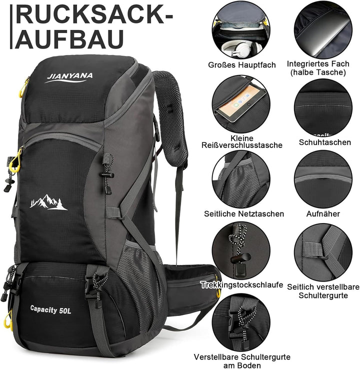 jianyana Wanderrucksack 50L Trekkingrucksack Regenhülle Reiserucksack Wasserdichter Campingrucksack