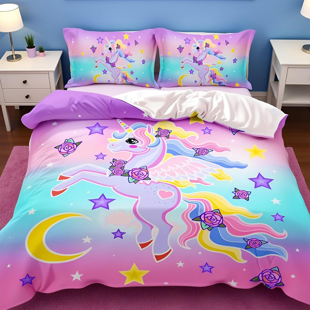 AOXHFNV Einhorn Mädchen Rosa Bettwäsche Set 135x200cm Süsser Einhorn-Stern-Mond-Muster Bettbezug Ein