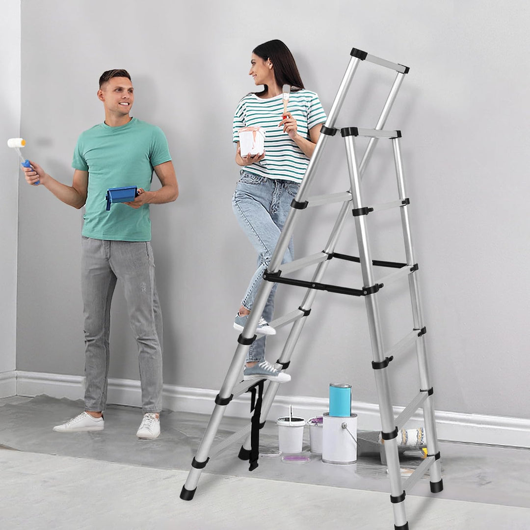 XMTECH 1.7m+1.2m Aluminium Teleskopleiter Klappleiter A-Rahmen 6 + 7 Stufen, Rutschfester Aluleiter
