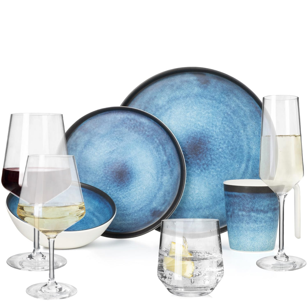 Melamin Camping Geschirr Set 4 Personen Deep Ocean + 16 Milano Gläser Wassergläser Weingläser Champa