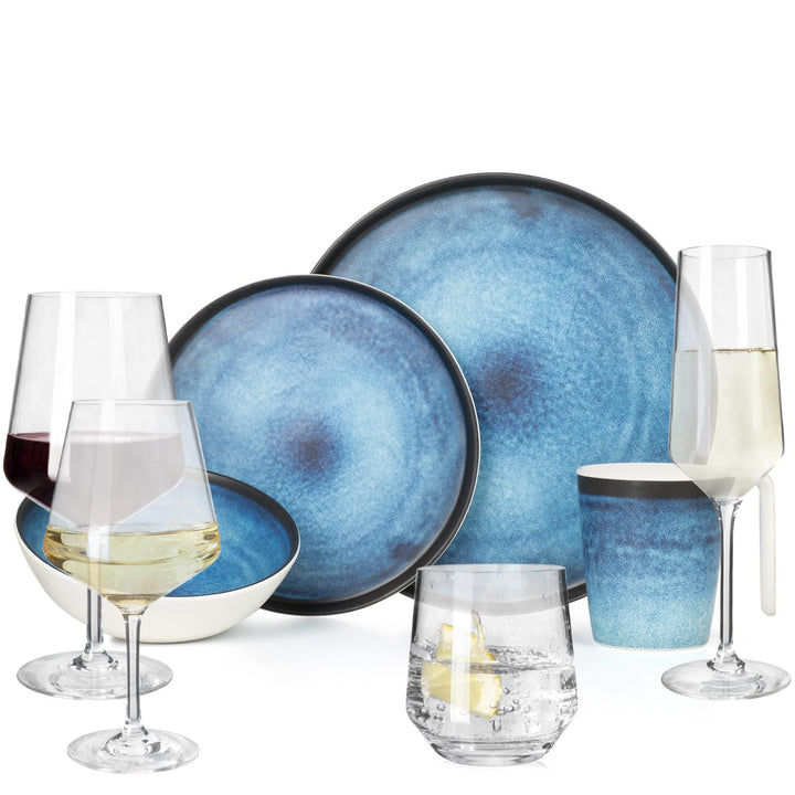 Melamin Camping Geschirr Set 4 Personen Deep Ocean + 16 Milano Gläser Wassergläser Weingläser Champa