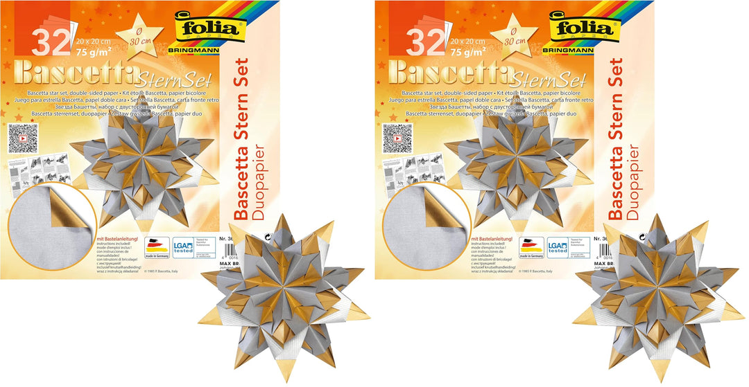 folia 366/2020 - Bastelset Bascetta Stern Duo silber/gold, 32 Blatt, 20 x 20 cm, fertige Grösse des