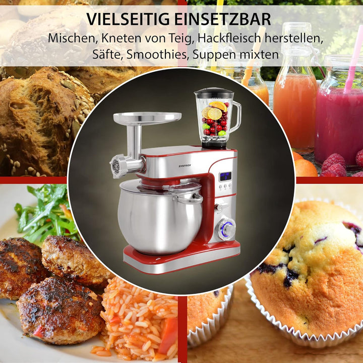 Syntrox Germany KM-2000W de Luxe Paris Küchenmaschine Knetmaschine Mixer Fleischwolf, Edelstahl-Behä