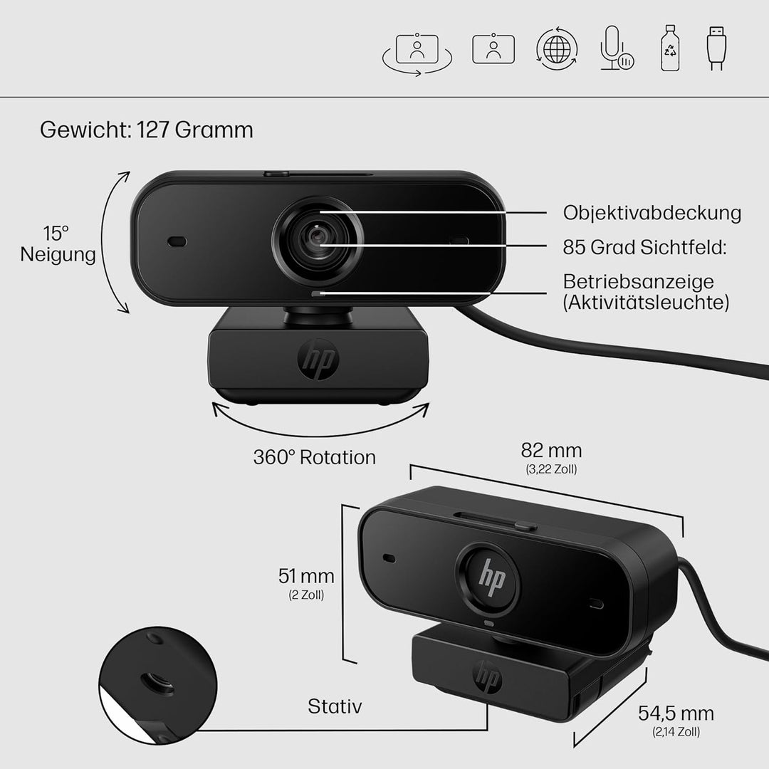 HP 430 Webcam FHD 1080p, Autofokus, 360° Rotation, Sichtfeld bis zu 85°, Doppelmikrofon mit Rauschun