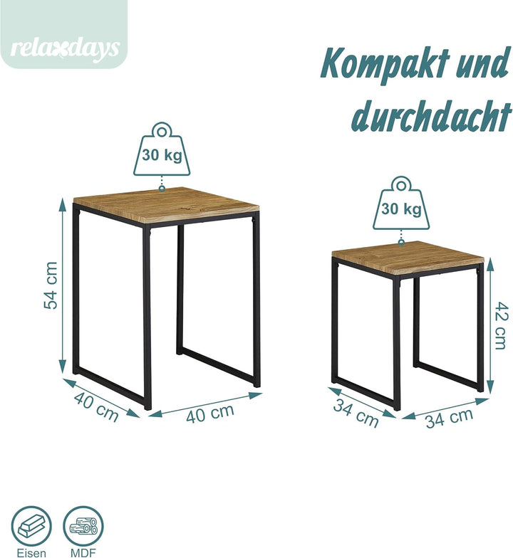 Relaxdays, stapelbar, Satztisch 2 Grössen, quadratisch, Metall, Holzoptik/schwarz, Eisen, Beistellti