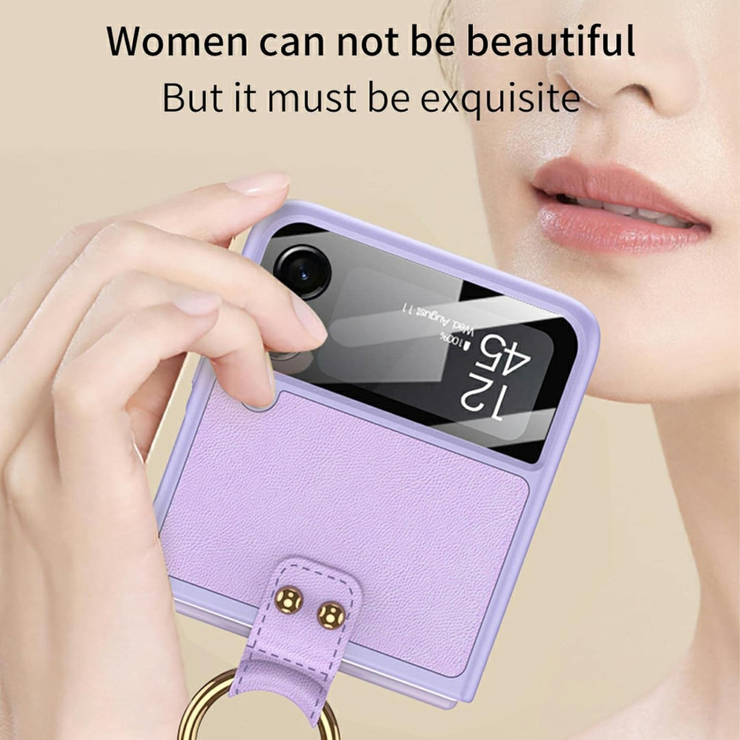 COQUE Hülle für Galaxy Z Flip 3 5G Hülle, schmales Leder Metallring handgemachte Schultergurt Schutz