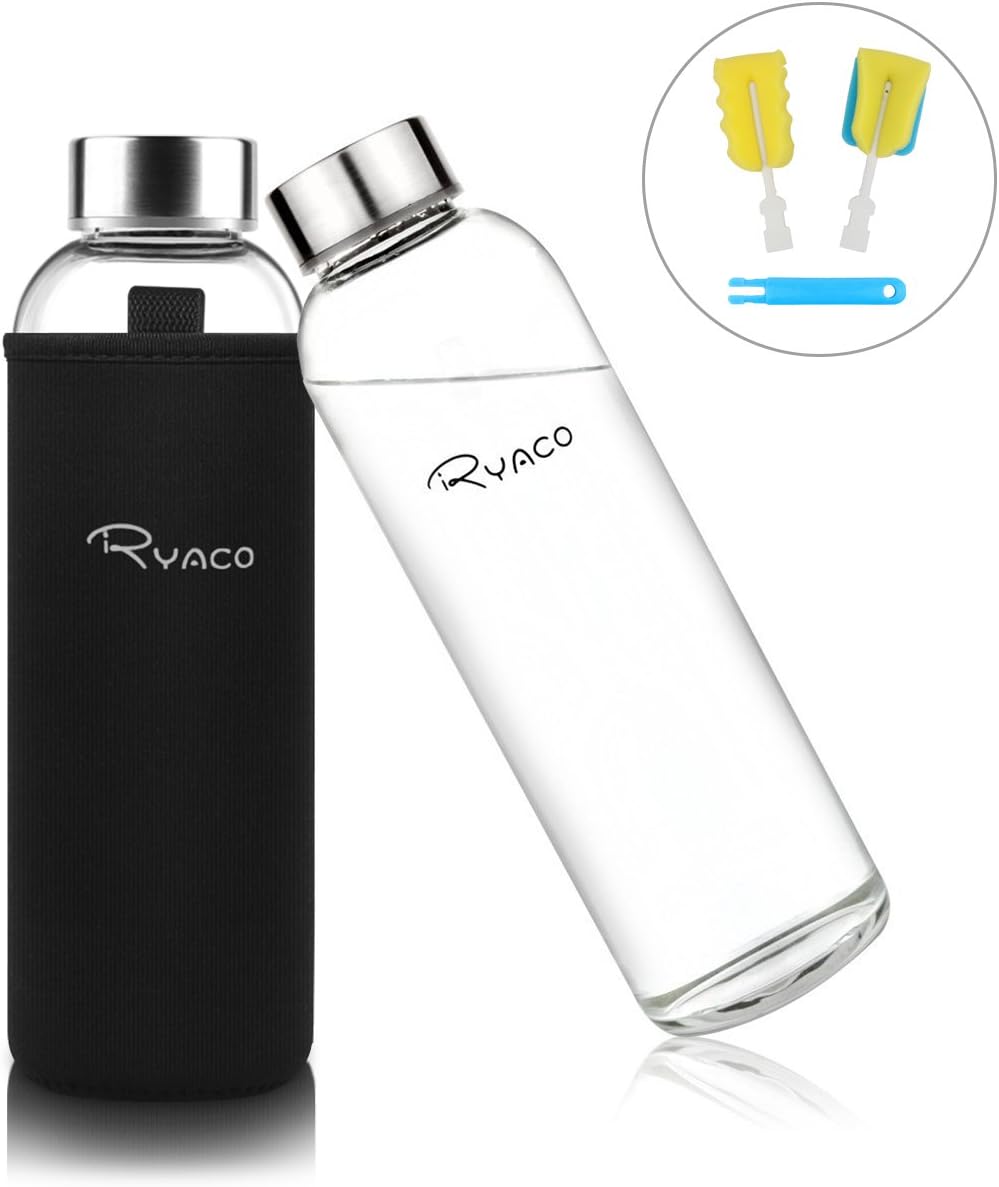 Ryaco Trinkflasche aus Glas 550ml/750ml/1000ml/1L,Glasflasche mit Neoprenhülle,Glastrinkflasche mit
